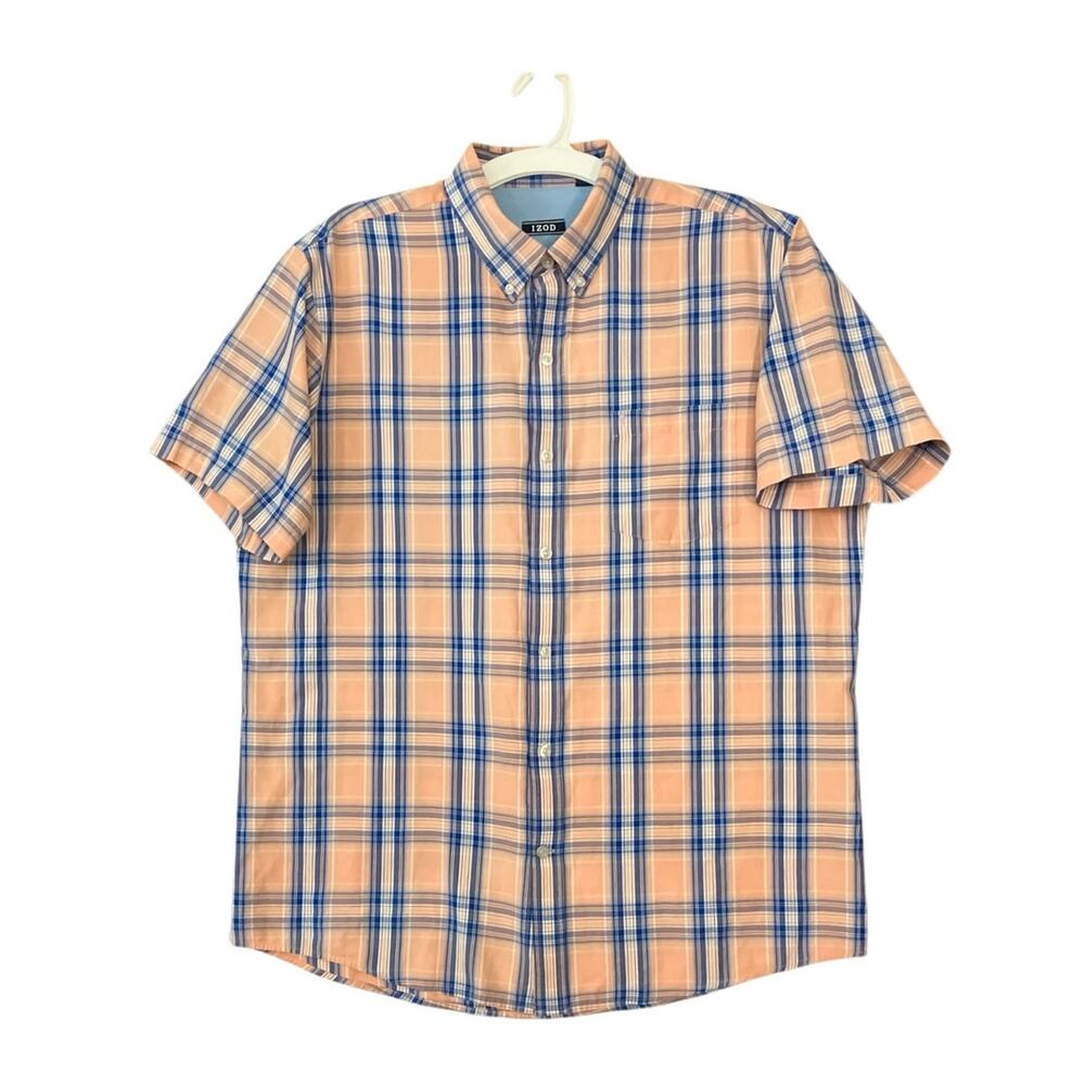 IZOD Men's Multicolor Peach/Blue/White Plaid Short-Sleeve Button-Up Shirt SZ L